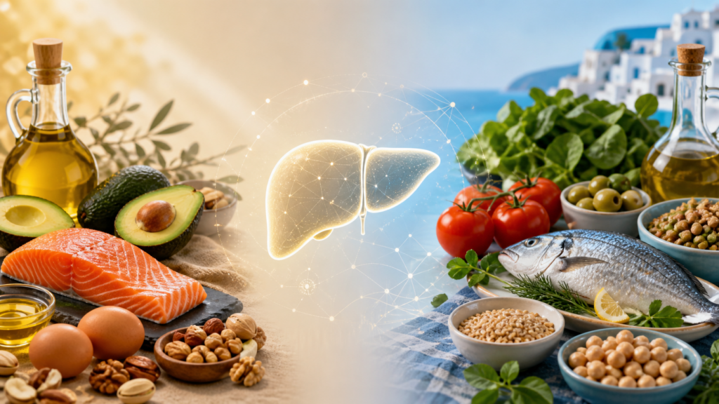 Comparación conceptual entre alimentos de dieta keto y mediterránea con un hígado ilustrado en el centro