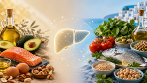 Comparación conceptual entre alimentos de dieta keto y mediterránea con un hígado ilustrado en el centro